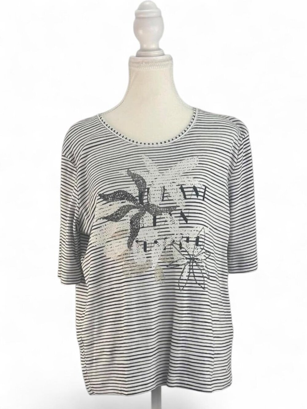 Olsen Palm Tree Graphic Striped T-Shirt Hannah Fit -Size Large